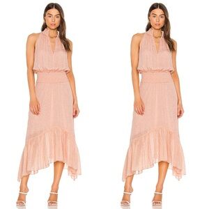 A.L.C. Kaia Blush Silk Metallic Smocked Halter Midi Dress Womens 14 EUC $595